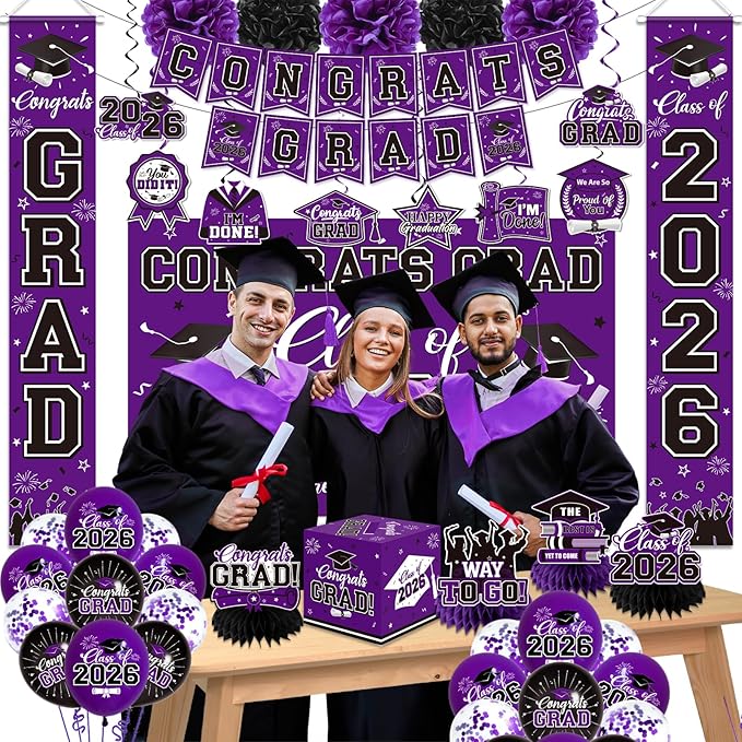 Graduation Decorations 2026 Purple Party Decor Set with Congrats Grad Banner, Class of 2026 Backdrop, Balloons, Box & Streamers Supplies for High School & College Celebrations