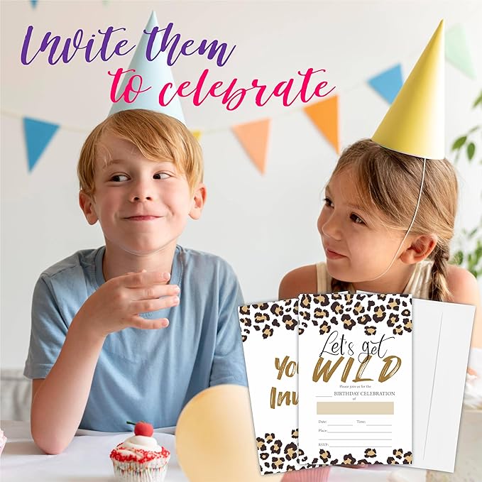 Let's Get Wild Birthday Invitation(4"X 6"), Leopard Print Double-Sided Invites, 20 Birthday Invitations With Envelopes, Party Decoration & Supplies - A15