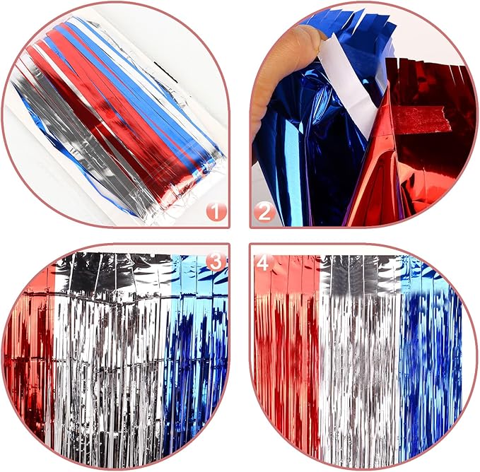 July 4th Party Decorations, Curtain Tinsel Streamers Birthday Decoration, Blue Silver Red Backdrops for Independence Day, Colourful Photo Props for 2025 Graduation Decoration, 2Pack 3.28X6.56Ft