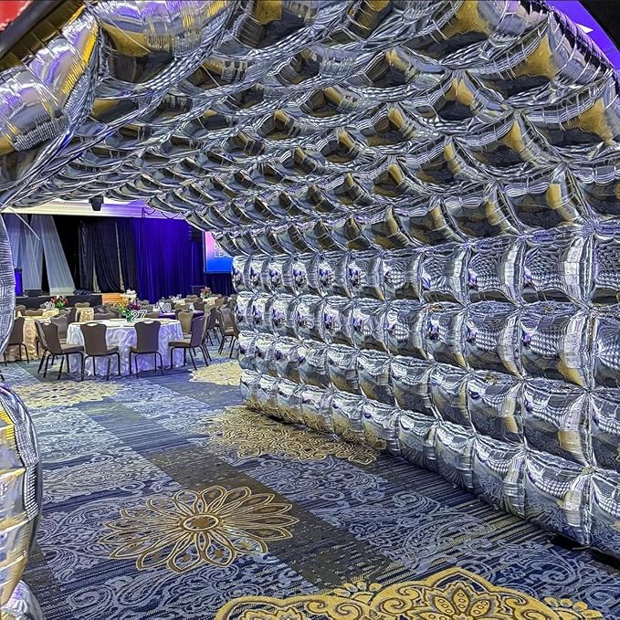 50pcs Metallic Silver Square Foil Balloons Wall Backdrop with 79pcs Metallic Silver Balloon Garland Arch Kit, Double Sided Balloon Tunnel for Anniversary Engagement Birthday Prom Decorations