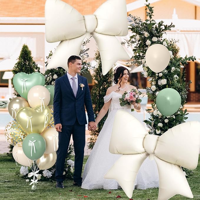 Sage Green and Gold Heart Balloons, 38 Inch Bow Balloons, Sage Green Sand White Champagne Gold Confetti Balloon and Bow Heart Shaped Foil Balloon for Birthday Wedding Baby Shower Valentines Decor
