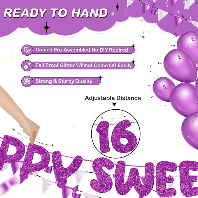 Fulmoon Pre Strung Happy Sweet 16 Banner Glitter Sixteenth Birthday Party Decorations 16th Party Sign Sweet 16 Party Decorations for Birthday Party Bachelorette Party(Dark Purple)
