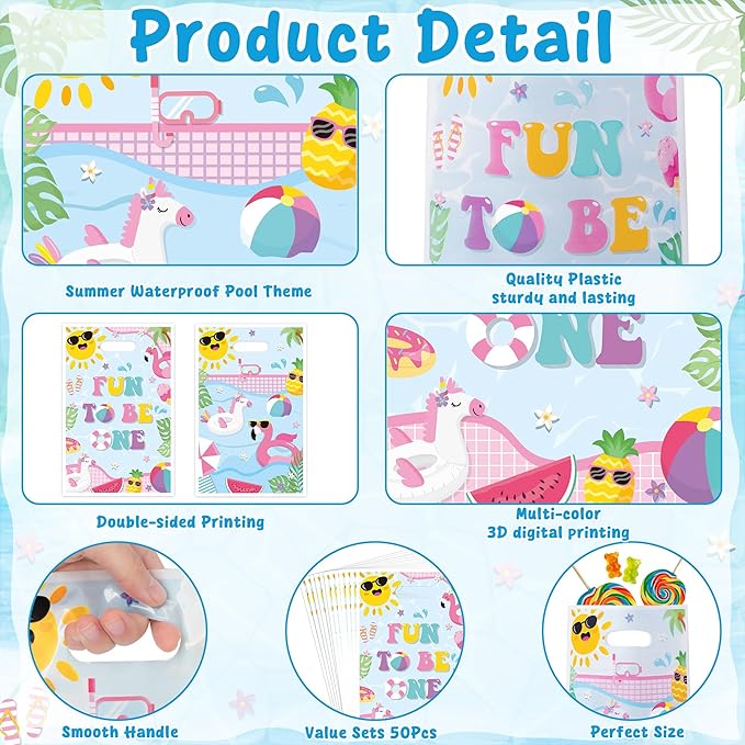 Summer Pool Party Favor Bag - 50Pcs Beach Fun to Be One Goody Candy Treat Gift Bag Summer Flamingo Beach 1st Birthday Party Decoration for Kid Girl First Birthday Hawaiian Swimming Pool Event Supplies