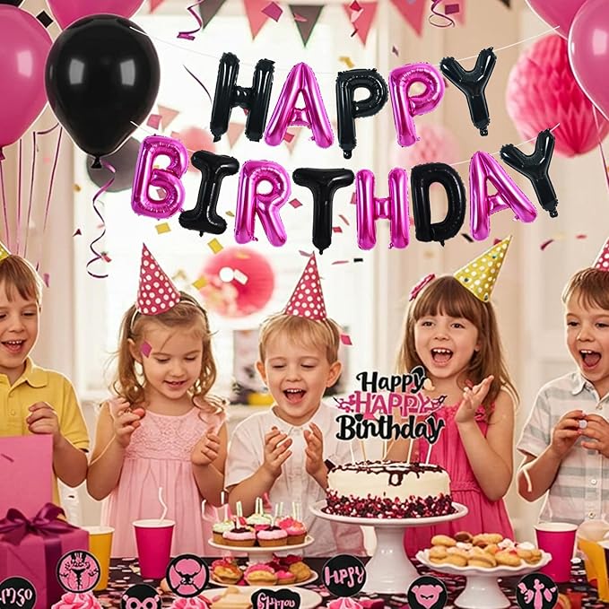 TONIFUL Happy Birthday Balloons Banner 16 Inch Mylar Foil Letters Birthday Sign Reusable for Girls Boys Kids & Adults Birthday Party Decorations Supplies（Black Pink）