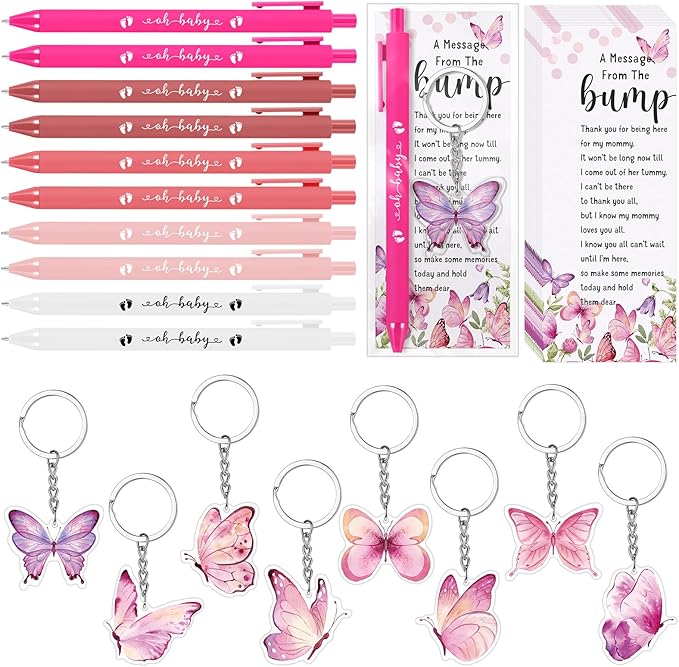 Highergo 100 Pcs Baby Shower Party Favors Bulk 50 Animal Keychains 50 Ballpoint Pens with Thank You Cards Gender Reveal Gift for Guest Baby Shower Souvenir Prize(Butterfly)
