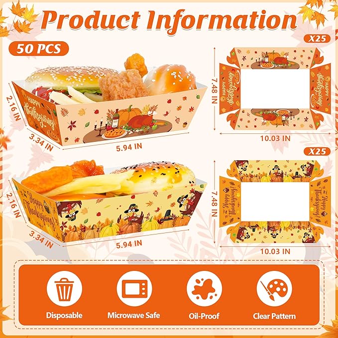 50Pcs Thanksgiving Food Trays, 5.94" x 3.34" x 2.16" Thanksgiving Party Supplies Disposable Fall Boats, Pumpkin Turkey Paper Serving Tray, Food Boats for Snack Popcorn, Harvest Party Decorations