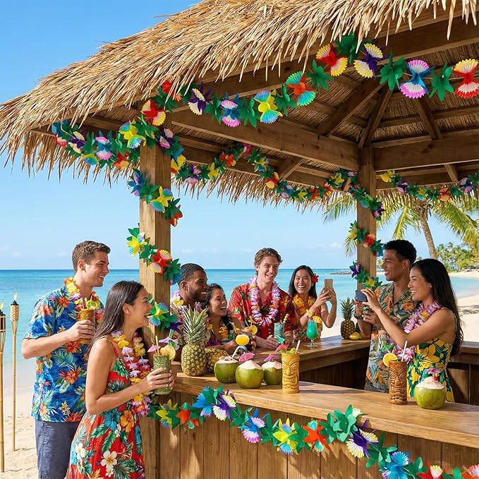FUTUREPLUSX 2 Pack Tropical Garland Party Decorations, 20ft Multicolored Tissue Paper Hibiscus Flower Summer Banner for Birthday Beach Theme Luau Hawaiian Party Supplies Jungle Decor