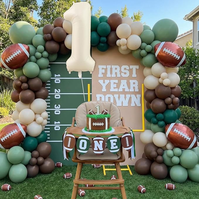 First Year Down Football Balloon Arch Kit – 1st Birthday Football Decorations with Number 1 Balloon, Football Foil Balloons & Green Brown Balloon Garland for Baby Boy Birthday Party (139PCS)
