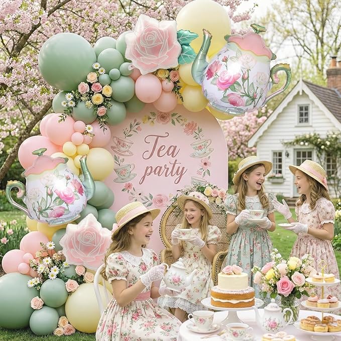 146Pcs Tea Party Balloon Garland Kit with Pink Green Yellow Teapot & Floral Balloons for Tea Party Baby Shower Decorations, Garden Party, Bridal Shower, High Tea, Let’s Partea Decor