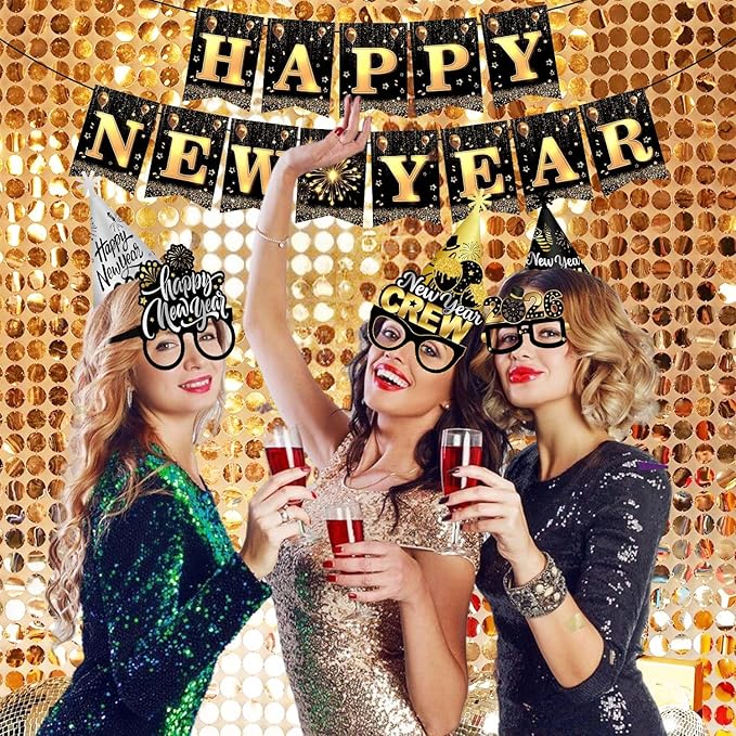Happy New Year Party Supplies 2026, 49pcs New Years Party Favors Set Includes New Years Paper Hats, Headband, Eyeglasses, Blowouts, Banner for New Year's Eve Party