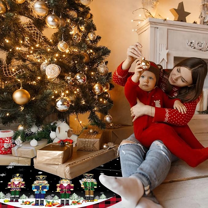 48 Inch Christmas Tree Skirt Double Layer Large Snowflake Xmas Tree Mat Decor for Winter Holiday Party Indoor Outdoor Christmas Decorations(Black,Nutcracker)