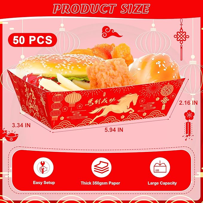 50 PCS Chinese New Year Decorations 2026, Spring Festival Food Paper Trays, Disposable Chinese New Year Candy Trays Food Boats, Year of The Horse Decorations for Taco Burger Popcorn