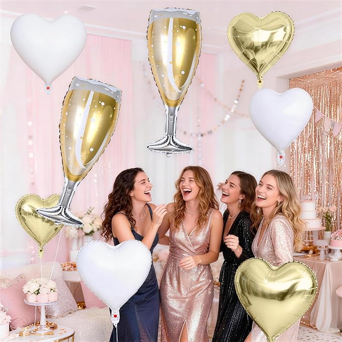 Champagne Balloons, Engagement Party Balloons with Champagne Bottle Glass Foil Mylar Balloon Gold White Heart Shaped Balloon for Wedding Anniversary Bachelorette Birthday Bridal Shower Decorations