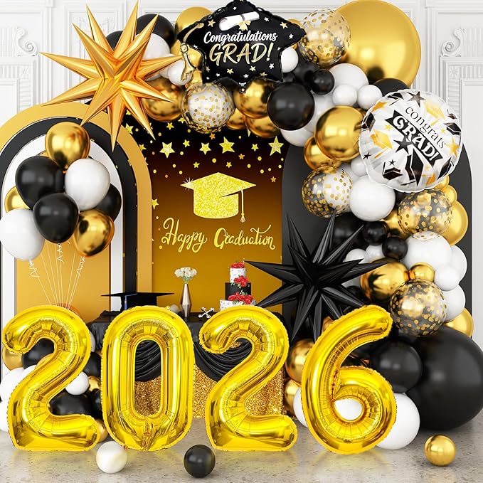 Graduation Balloons Garland Arch Kit, Graduation Balloons Class of 2026, Black and Gold White Latex Balloon with Foil Balloon for Class of 2026 Party Decor
