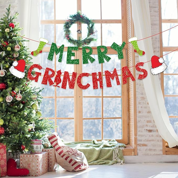 Christmas Decorations Party Banners Indoor, Glittery Christmas Decor Banner, Red Green Banner for Home Fireplace Decor
