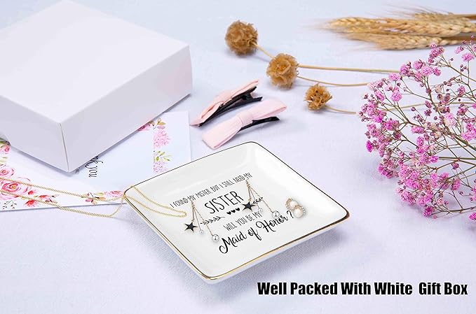 I Found My Mister,But I Still Need My Sister,Will You Be My Maid of Honor - Bridal Shower,Bachelorette Party Gift For Bridesmaid,Sister,Friends,Women -Ceramic Jewelry Holder Ring Dish Trinket Box Tray