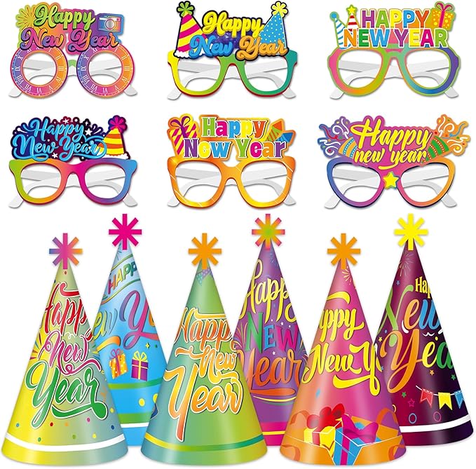 36 Pcs Happy New Year Party Favors 2026 Neon New Year Eve Party Supplies for Adults & Kids,12 Neon Cone Hats and 24 Paper Glasses Fun Decoration Props for NYE Decorations