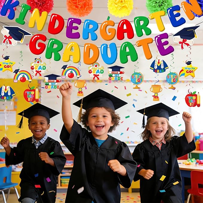 Kindergarten Graduation Decorations Set, Congrats Grad Decor Kit - 27 PCS with Banner, Pom Poms, Hanging Swirls & Centerpieces, Class of 2026 Party Supplies