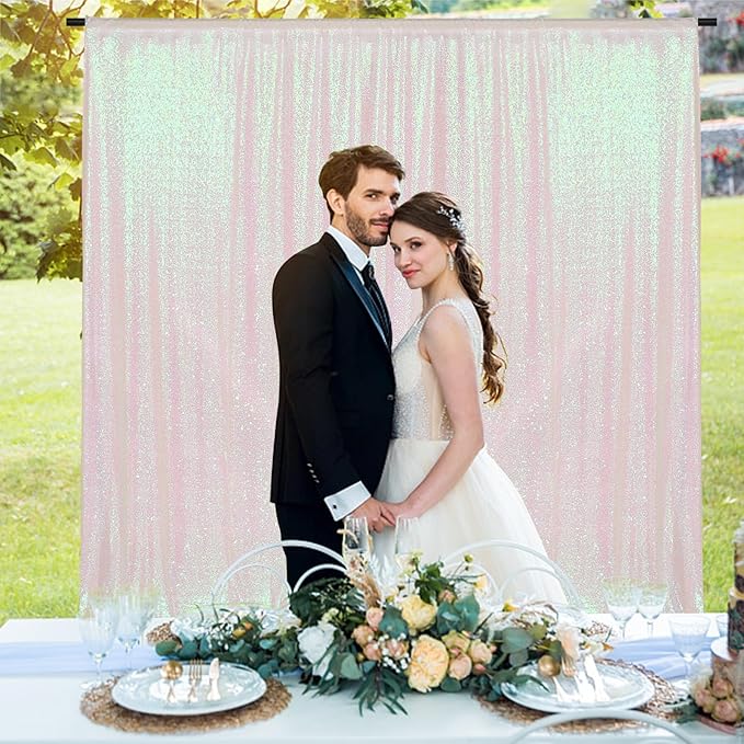 PartyDelight Iridescent White Sequin Backdrop 6x8ft - High Density 3mm Shimmer Sequin Background with 4-Inch Rod Pocket, Sparkly Photography Curtain for Birthday, TikTok & Live Decor