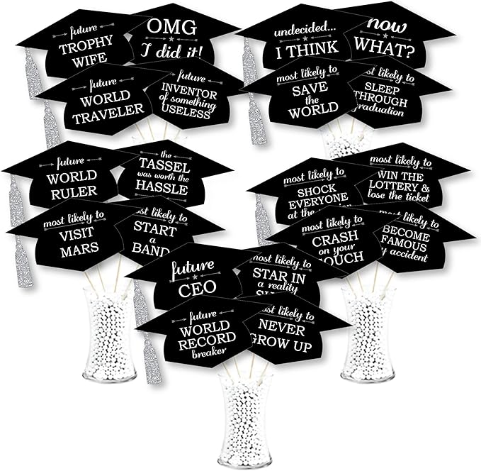 Big Dot of Happiness Silver - Hilarious Graduation Caps - Graduation Photo Booth Props Kit - 20 Count