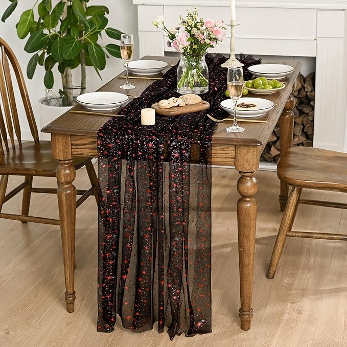 Horaldaily Black Red Gold Sparkling Star Gauze Tablecloth 60x84 Inch Rectangular, Red Star Sequin Glitter Metallic Foil, Sheer Tulle Cheesecloth for Wedding Baby Shower Party