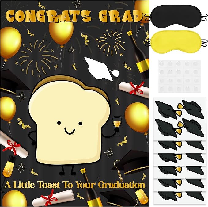 Pin The Cap On The Toast Game Class of 2026 Graduation Congrats Grad Poster with 24 Pcs Stickers Fun Activity Party Decorations Supplies for Kindergarten Senior High School College Students