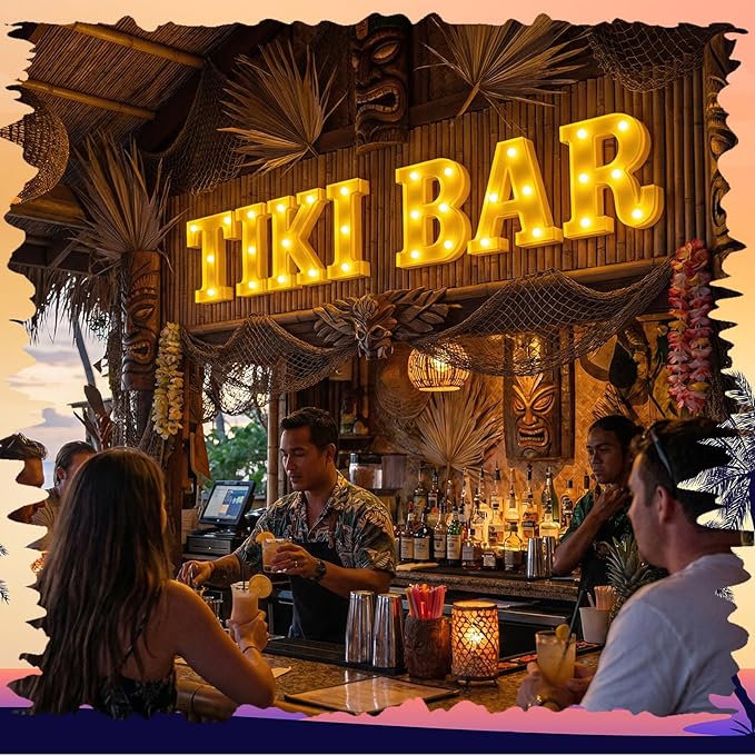 Honoson 7 Pcs Hawaiian Luau Tiki Party Decoration Tiki Bar LED Light Sign Hawaii Summer Tropical Table Lights up Sign for Summer Pool Beach Hawaiian Themed Party Supplies