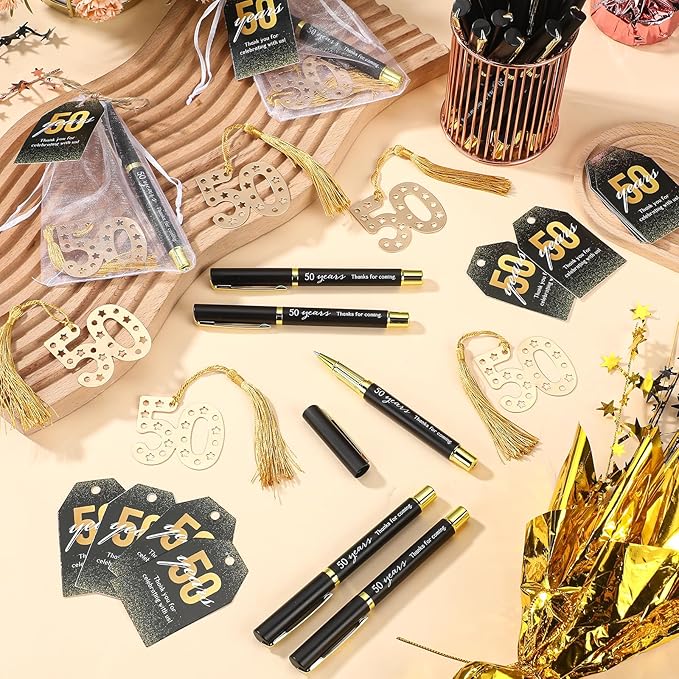 Spakon 25 Set 50th Birthday Party Favor for Guest Anniversary Party Favor Golden Birthday Bookmark Thanks for Coming Pen with Tag Appreciation Gifts for Women Men Wedding New Year