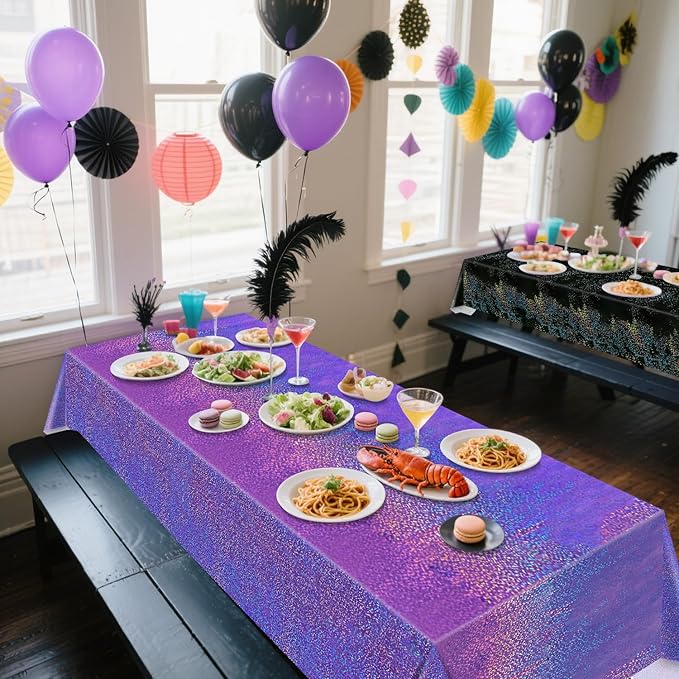 2Pcs Black & 2Pcs Purple Holographic Tablecloths Rectangular Iridescent Tablecloth Shimmer Metallic Table Covers for Halloween Birthday Party Wedding Events Supplies, 54 x 108inch