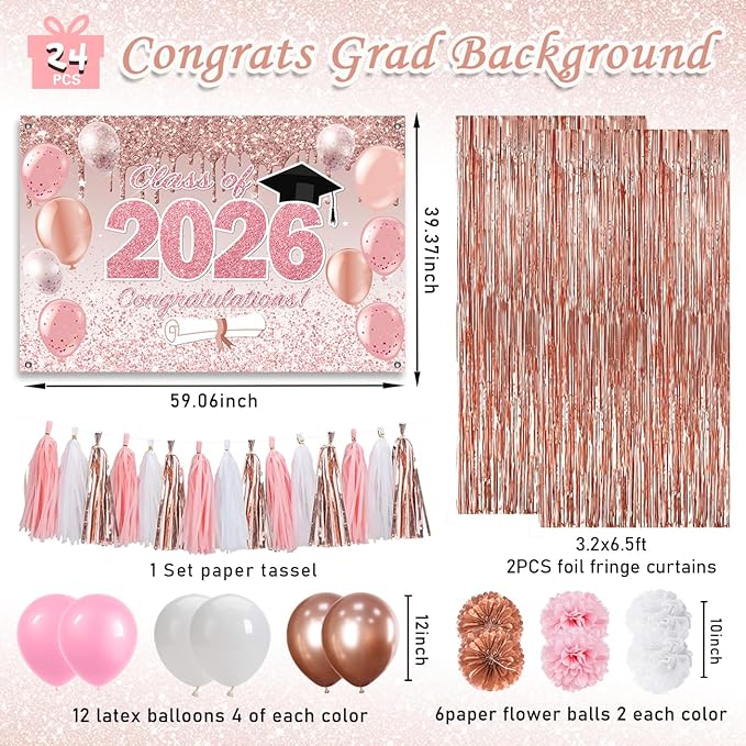 Pink Graduation Decorations Class of 2026, Rose Gold 2026 Graduation Party Decorations, Class of 2026 Paper Pompoms Paper Tassels Backdrop and Balloons for Class of 2026 Party Supplies