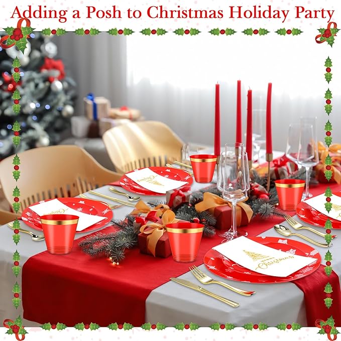Maxcheck 175 Pcs Christmas Plastic Dinnerware Merry Christmas Plate Set 25 Dinner Plate 25 Dessert Plate 25 Napkin 25 Fork 25 Knives 25 Spoon 25 Cup for Xmas Holiday Party Supplies Serve for 25
