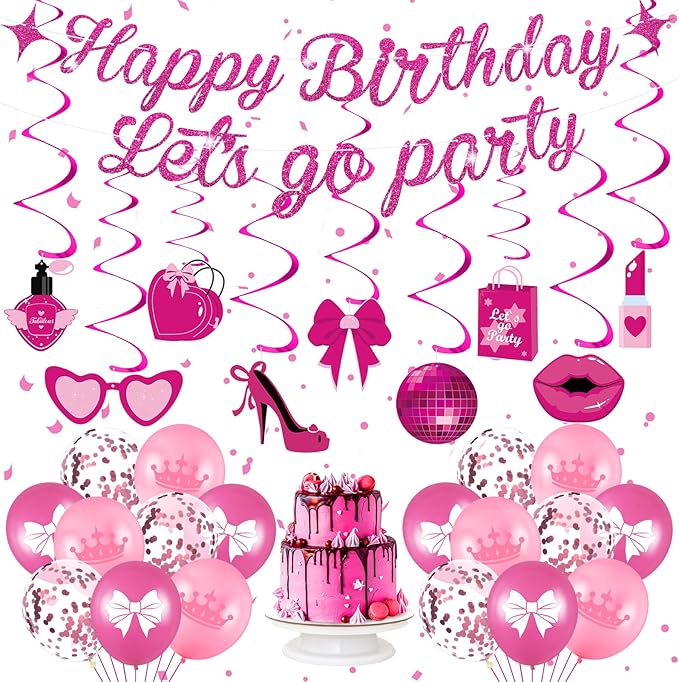 Pink Birthday Party Decorations - Happy Birthday Banner, Let's Go Party Banner, Latex Balloons, Hanging Swirls for Girls, Women, Princess, Baby Shower, Bachelorette