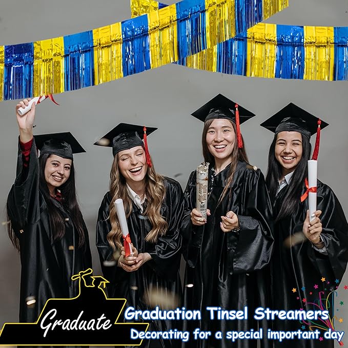 4 Packs Total 39 Ft Graduation Parade Floats for Trailer Car, Blue Gold Foil Fringe Garland Tinsel Streamers Banner Table Skirts for Graduation Homecoming Birthday Party (Royal Blue Gold)