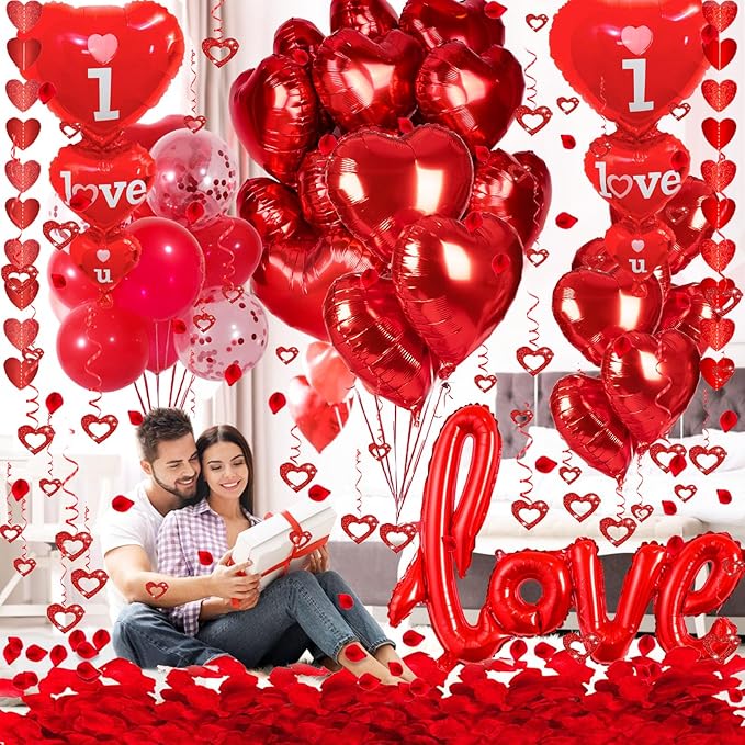 Valentines Day Decorations Set, I Love You Balloons and Red Heart Balloons With Fake Rose Petals for Valentines Day Party Wedding Anniversary Engagement Decor