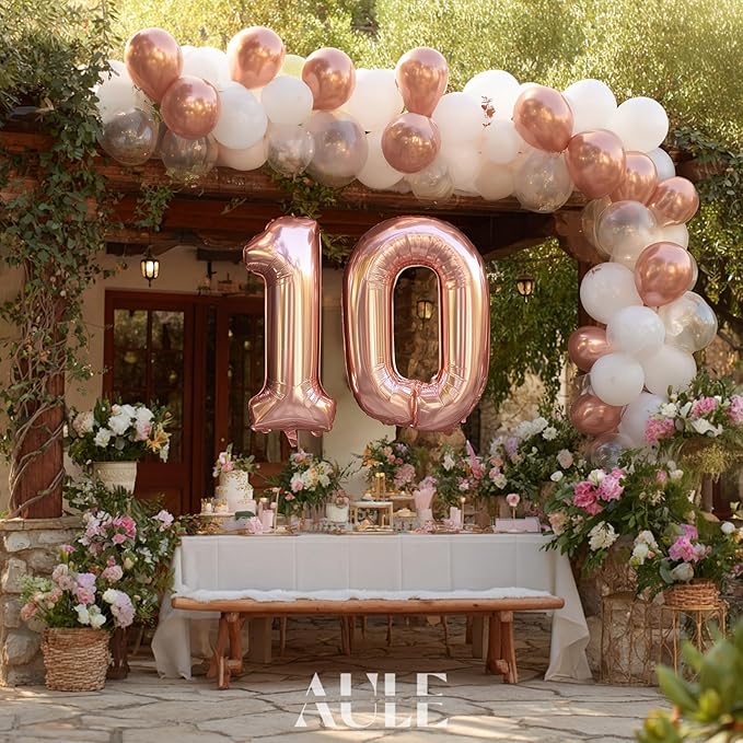 AULE 40 Inch Large 10 Number Balloons Rose Gold Big Foil Number Balloons Giant Helium Happy 10th Birthday Party Decorations for Women Huge Mylar Anniversary Supplies
