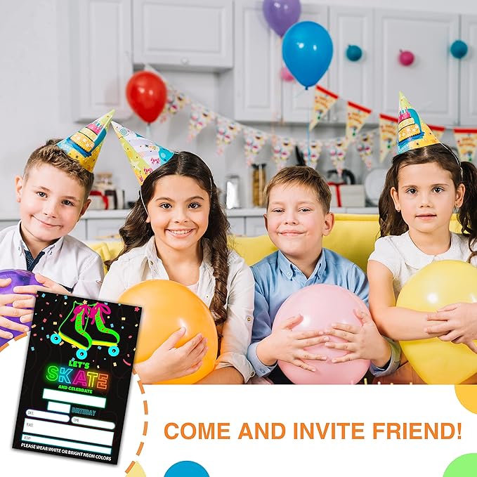 DETIHO 4" x 6" Glow Roller Skating Birthday Party Invitation Cards With Envelopes - Let's Skate and Celebrate - NEON Glow in the Dark Skate Party Invitation - 20 Sets - E13
