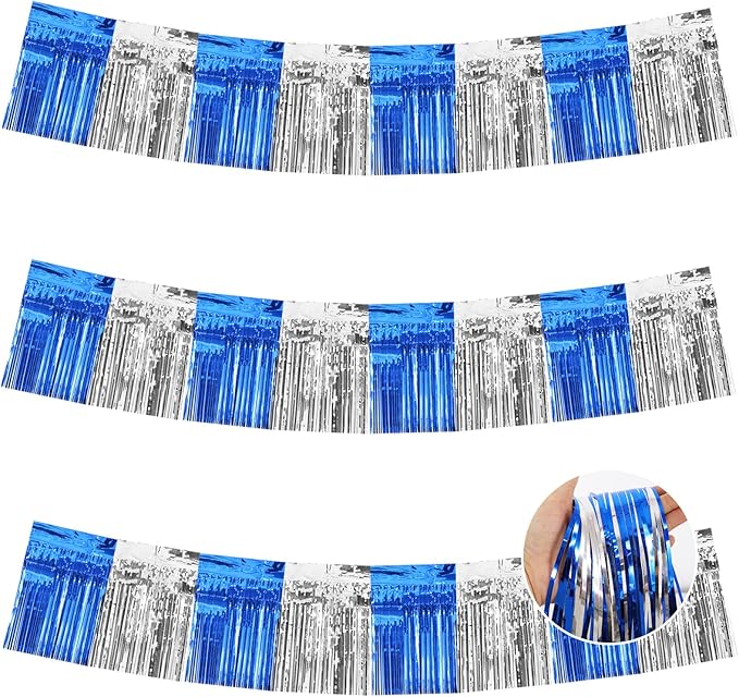 BEISHIDA 3 Packs Metallic Foil Fringe Garland Blue Silver Wall Hanging Tinsel Fringe Banners for Car Floats Bridal Shower Wedding Birthday Graduation Holiday Party Decoration(30 Feet)