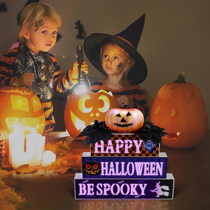 BlcTec Halloween Decorations Indoor, Premium Wood Block Sign with Lighted 3D Letters, Pumpkin, Maples & Berries, Timer Battery Operated Halloween Décor for Home Tabletop, Mantle, Shelf, Tiered Tray