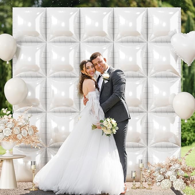 White Square Foil Balloons Wall, 25PCS Double Sided Pearl White Balloons Backdrop Wall Tunnel Arch Kit Background Decorations for Girl Women Birthday Wedding Baby Shower Bridal Engagement Heaven Party