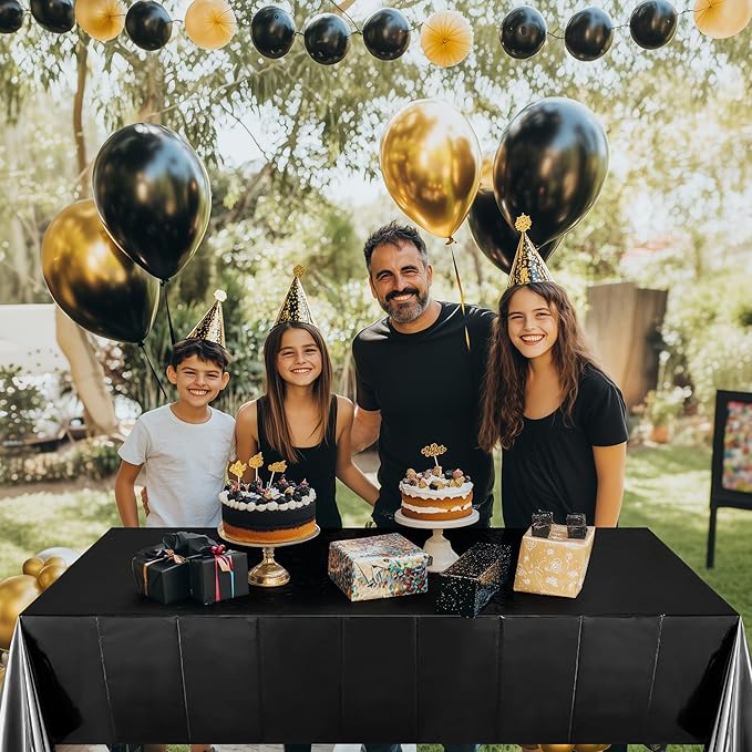 2pcs Black Foil Tablecloth 54 * 72inch Birthday Graduation Halloween Party Table Cloths Plastic Waterproof Disposable Table Cover for Halloween Neon Anniversary Party Supplies
