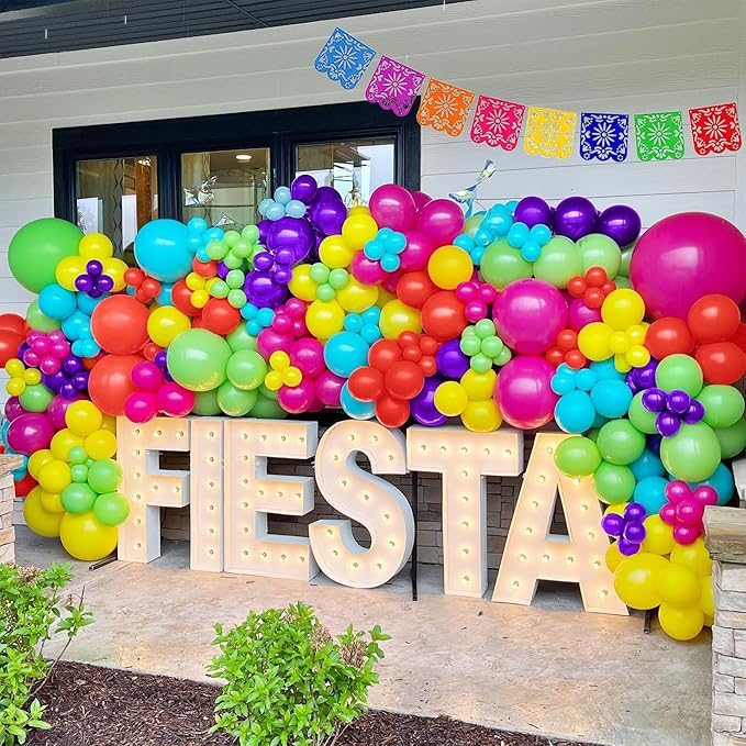 139Pcs Colorful Mexican Cinco De Mayo Balloon Kit With Mexicana Papel Picado Fiesta Banner for Día De Muertos, Loteria Taco Bout Baby Shower My First Birthday Party Decoración