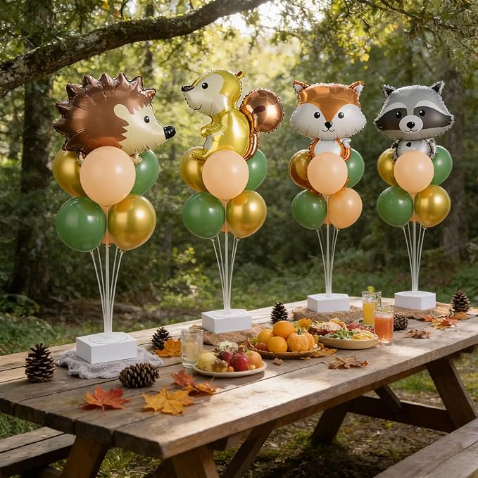 4 Sets Woodland Animals Party Balloons Stand Kit with Hedgehog Raccoon Fox Squirrel Foil Balloons Sage Green Brown Party Balloon Centerpiece for Tables for Forest Safari Jungle Birthday Party Decor