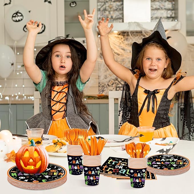 175 Pcs Halloween Tableware Party Supplies Set - Serves 25, Spooky Happy Halloween Disposable Dinnerware, Includes Plates, Cups, Napkins, Forks, Spoons, Knives for Trick or Treat Favors