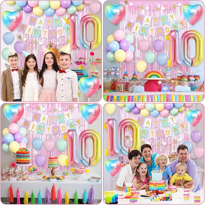 10th Birthday Decorations Rainbow,Gradient Number 10 Balloon,Pastel Happy Birthday Banner Fringe Curtain Heart Foil Balloons Boys Girls 10 Year Old Decor