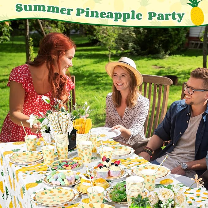 Ceenna 452 Pcs Pineapple Party Supplies for 50, Summer Fruit Paper Plates Napkins Cups Tablecloth Cutlery Straw Yellow Disposable Tableware for Birthday Bridal Baby Shower Wedding Party Decoration