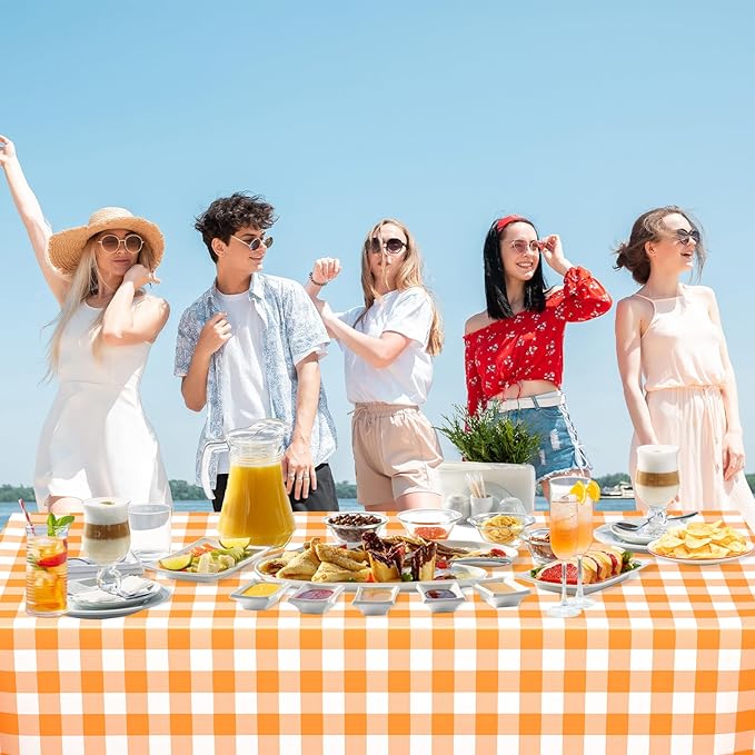 WNINK 4 Pack Orange and White Checkered Rectangular Plastic Tablecloths, Orange Gingham Waterproof Disposable Table Covers 54" x 108" for Birthday, Wedding, Outdoor Picnic Camping Parties