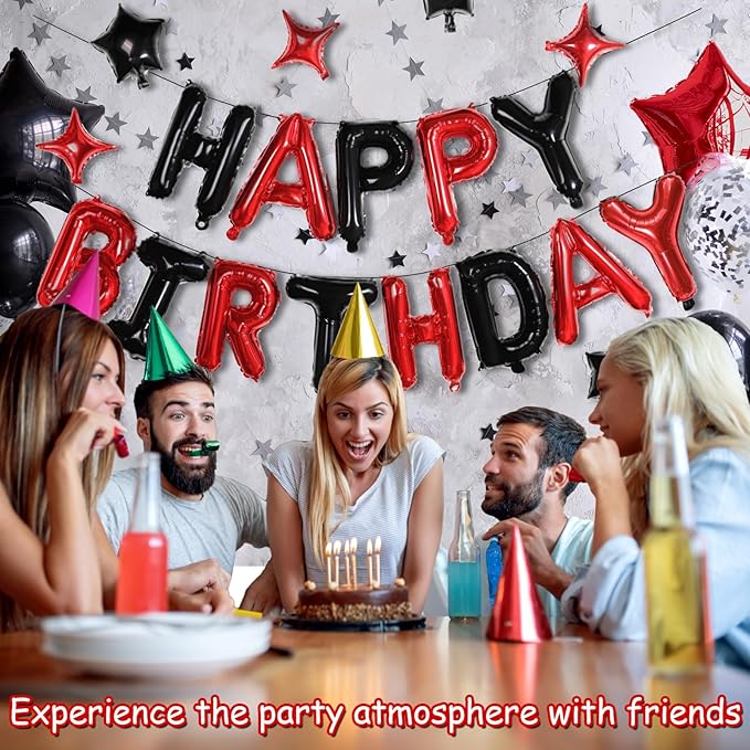 3D Mylar Foil Happy Birthday Banner, 26pcs Party Decorations With 8pcs Star Balloons for Men Women Adults, Ecofriendly Supplies, Black Red