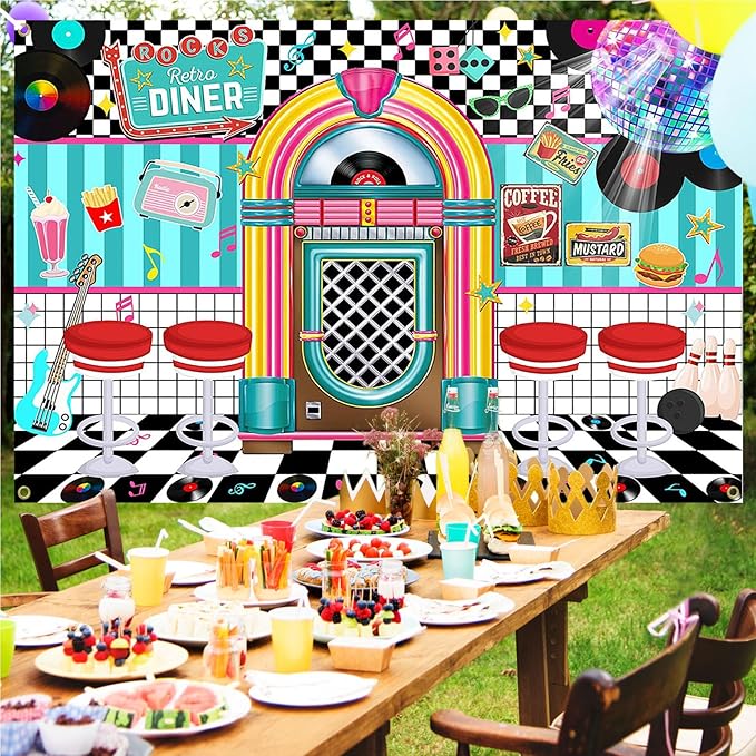 Avezano 50s Retro Diner Party Backdrop 50s Retro Rock and Roll Diner Classic Decoration Banner 1950s Sock Hop Party Decor 84 x 60 Inch