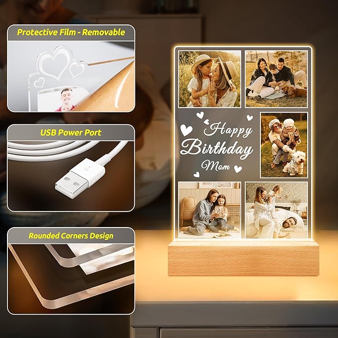 Personalized Birthday Gifts for Mom from Daughter Son, Custom Picture Frames with Photo, Customized Photo Frame with Night Light, Personalized Mothers Day Gifts for Mom Baby Kids Family