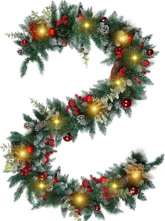Garland Christmas Decorations, 9ft Christmas Garland with Pine for Mantle Table Stair Cedar Garland Christmas Decorations Indoor Outdoor Xmas Party Home Decor